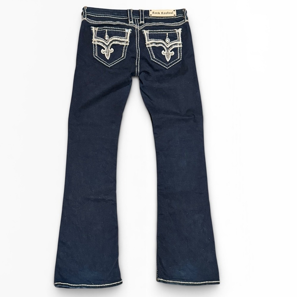 Rock Revival Janelle Bootcut‎ Jeans Dark Wash Low Rise Flap Pockets Bling SZ 28
